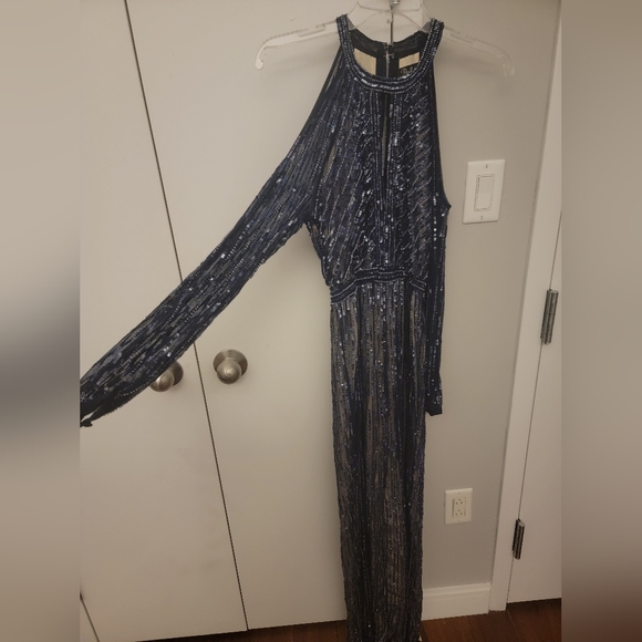 Parker Black Sequined / Embellished Cold- Shoulder Evening Dress, Blue, Size 0 - Picture 8 of 12